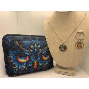 Owl Cosmetic Bag, Key Chain, Necklace Bundle